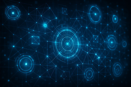 Futuristic digital interface with neon circles and holographic interconnected grid