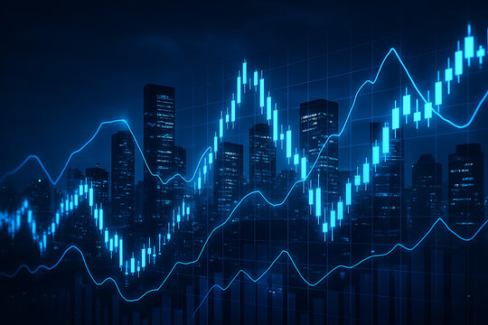 Futuristic financial digital chart with glowing data lines over metropolitan skyline night