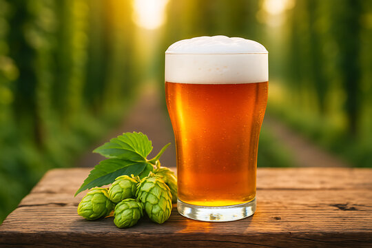 Glass of fresh beer with hops on wooden table in outdoor natural brewing background - Powered by Adobe