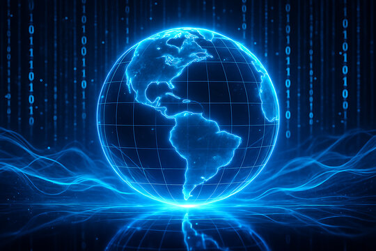 Glowing cyber earth globe with futuristic binary coding and technological reflections - Powered by Adobe