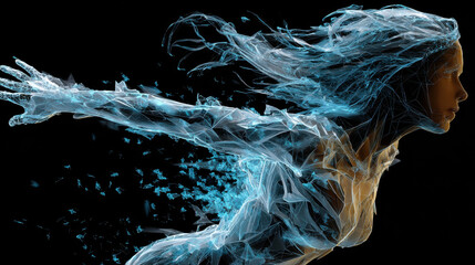 Virtual chaos artwork features woman in motion, embodying beauty of transformation and fluidity in mesmerizing digital realm