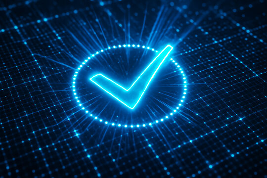 Glowing digital neon checkmark symbol over futuristic network background