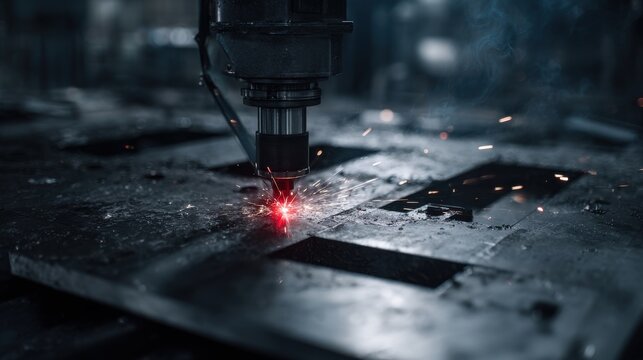 Eye-catching photo of titanium 3D printing process in action, industrial robotic arm laying titanium powder, red-hot laser beam sintering metal, sparks flying, futuristic cleanroom.