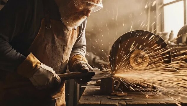 Master craftsman intensely sharpening axe with grinding wheel sparks fly