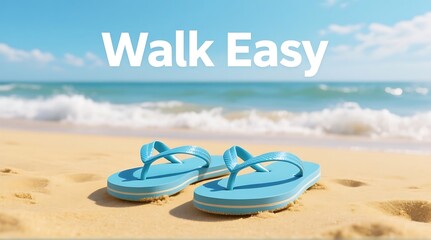 Escape to paradise with blue flip flops resting on sunny beach with ocean view