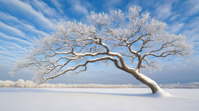 Frost covered tree branch winter landscape, snow field, blue sky, serene, cold morning - Powered by Adobe