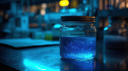 Glowing jar filled with blue liquid sits laboratory table, showcasing fascinating experiment science. scene captures essence of innovation