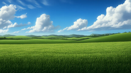 Obraz premium Lush green field under blue sky with fluffy clouds, peaceful landscape, nature scenery