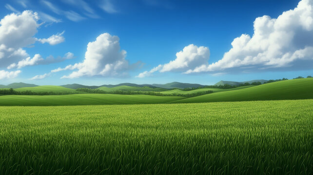 Lush green field under blue sky with fluffy clouds, peaceful landscape, nature scenery - Powered by Adobe