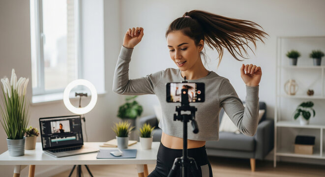 Young woman energetically performs a dance number while filming herself on a smartphone mounted on a tripod. Concept of blogging and content creators, online learning