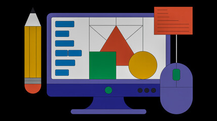 Computer monitor displaying graphic design elements with a pencil and mouse screen design software