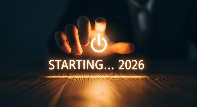 Finger pressing glowing power button with starting 2026 text in futuristic neon light - Powered by Adobe