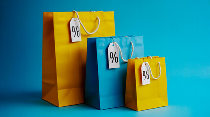 Colorful Shopping Bags with Percentage Discount Tags on Blue Background yellow