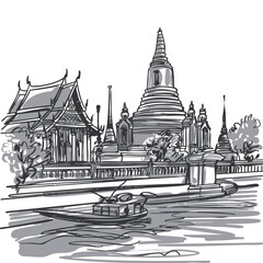 Black and white vector sketch line drawing illustration of a Thai temple, Buddhism, in Bangkok, Thailand.