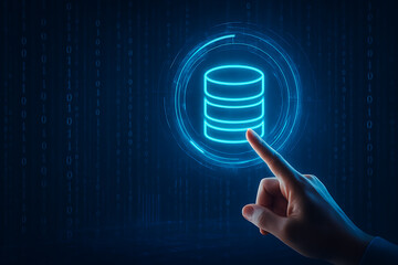 Hand touching a glowing database icon on a futuristic digital interface with a binary code technology background