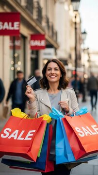 Caucasian woman walking with many shopping bags and holding a credit card on a shopping street during a mega sale Vertical video