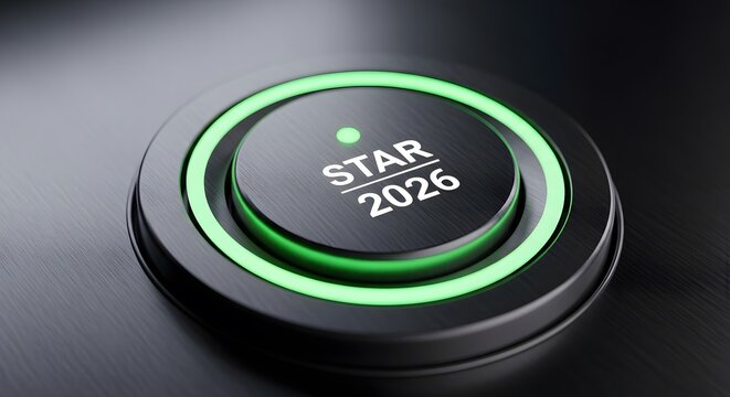 Illuminated button labeled star 2026 symbolizing future goals and success