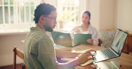 Discussion, graphs or couple in home with laptop, performance review or campaign launch in remote work. Collaboration, wfh or analyst at table with tech, conversation or pitch for fund proposal. - Powered by Adobe