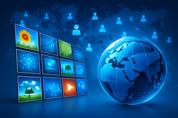 Holographic earth globe in cyberspace surrounded by glowing media panels and data visuals