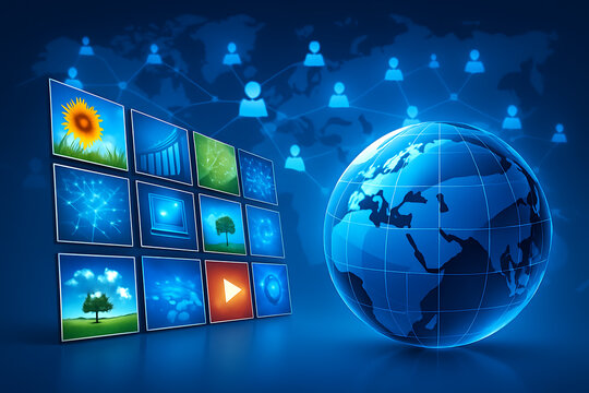 Holographic earth globe in cyberspace surrounded by glowing media panels and data visuals