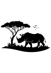 Rhinoceros Silhouette in African Savanna Landscape