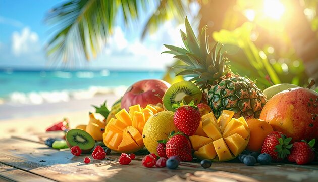 A vibrant collection of fresh fruits, including mango, pineapple, strawberries, kiwi, and blueberries, is displayed on a wooden table with a tropical beach and