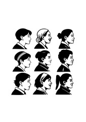 Set of Nine Female Profiles with Different Hairstyles