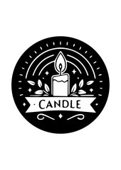 Burning Candle Emblem with Leaves and Light Rays