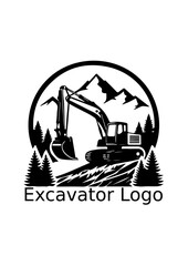 Excavator Construction Machine in Mountain and Forest Logo