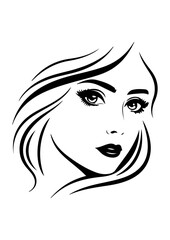 Beautiful Woman Face with Flowing Hair Line Art Illustration