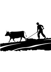 Farmer Plowing Field with Ox Silhouette