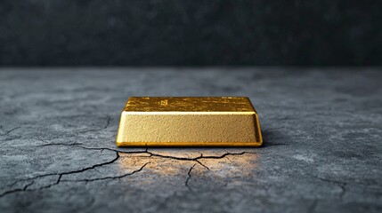 Safe-haven gold investment during economic uncertainty concept with gold bar on cracked concrete and dark stormy background. 