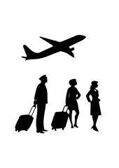 Flight Crew Silhouettes with Airplane Taking Off