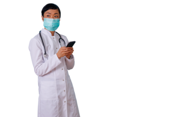 Woman with curly hair holding a smartphone, looking at camera and smiling on a transparent background