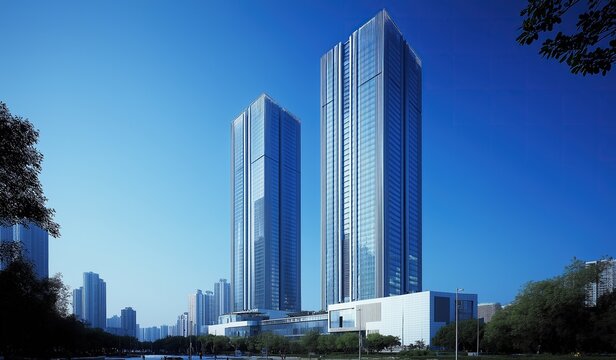 High rise building with two tall towers and glass curtain walls against a blue sky background with minimalist modernist architecture