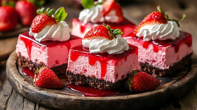 Strawberry mousse cake squares with chocolate base
