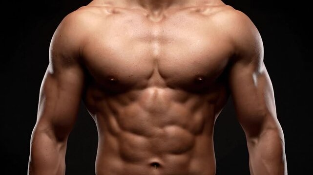 Muscular torso of a man. Front view showcasing defined chest, abs, arms against a black background