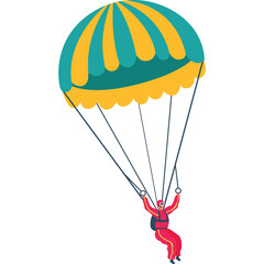 Person Parachuting Downward with Yellow and Teal Parachute Red Suit and Backpack Against White Background Detailed Illustration