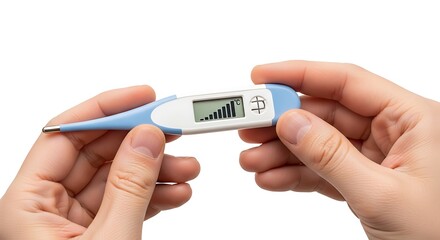 Digital Thermometer Held in Hands Showing High Temperature.