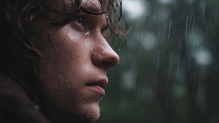 Close up profile of a young man s face glistening with rain evoking melancholy