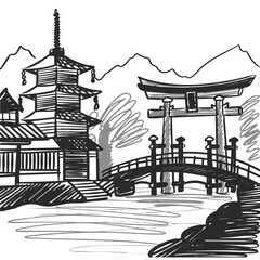 Black and white vector sketch line drawing illustration of japanese temple garden