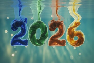 2026 numbers submerged in water with colorful ink underwater