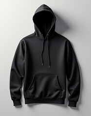 A black hoodie with a hood and a pocket hoodie mockup fashion isolated design casual clothing template apparel