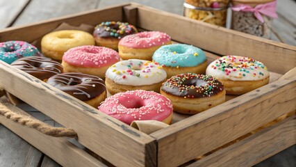 Assortment of colorful frosted donuts with sprinkles and drizzles arranged in a rustic wooden crate perfect for celebrations and sweet treats