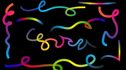 A collection of colorful ribbon like shapes with gradients on a black background in an abstract style