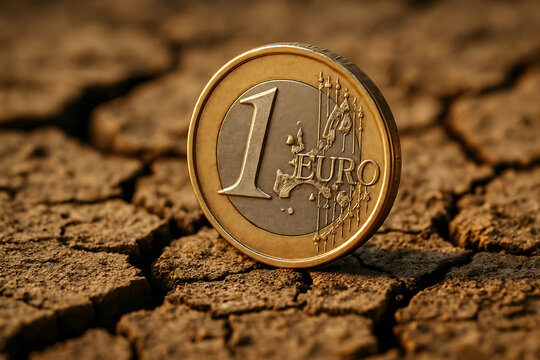 One euro coin standing on cracked dry soil symbolizing financial crisis and economic struggle