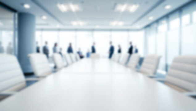 Blurred view of a modern corporate boardroom with business people meeting