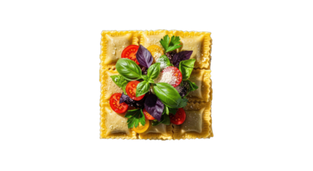 Square Ravioli pasta stuffed with ricotta cheese topped with fresh basil cherry tomatoes and grated parmesan cheese on a black background with a transparent background studio shot