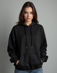 Young female wearing black blank hoodie with space for your logo or design mockup for print generative ai hoodie mockup fashion isolated design casual clothing template apparel