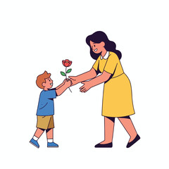 A young boy giving a red rose to his smiling mother, expressing love and affection on a special occasion.